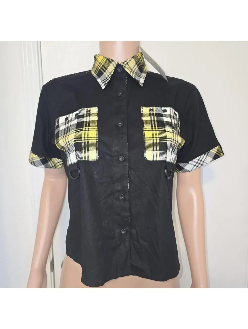 Dead Threads Women's Black Yellow Tartan Plaid Punk Blouse Sz M Collared Alt - Picture 2 of 12